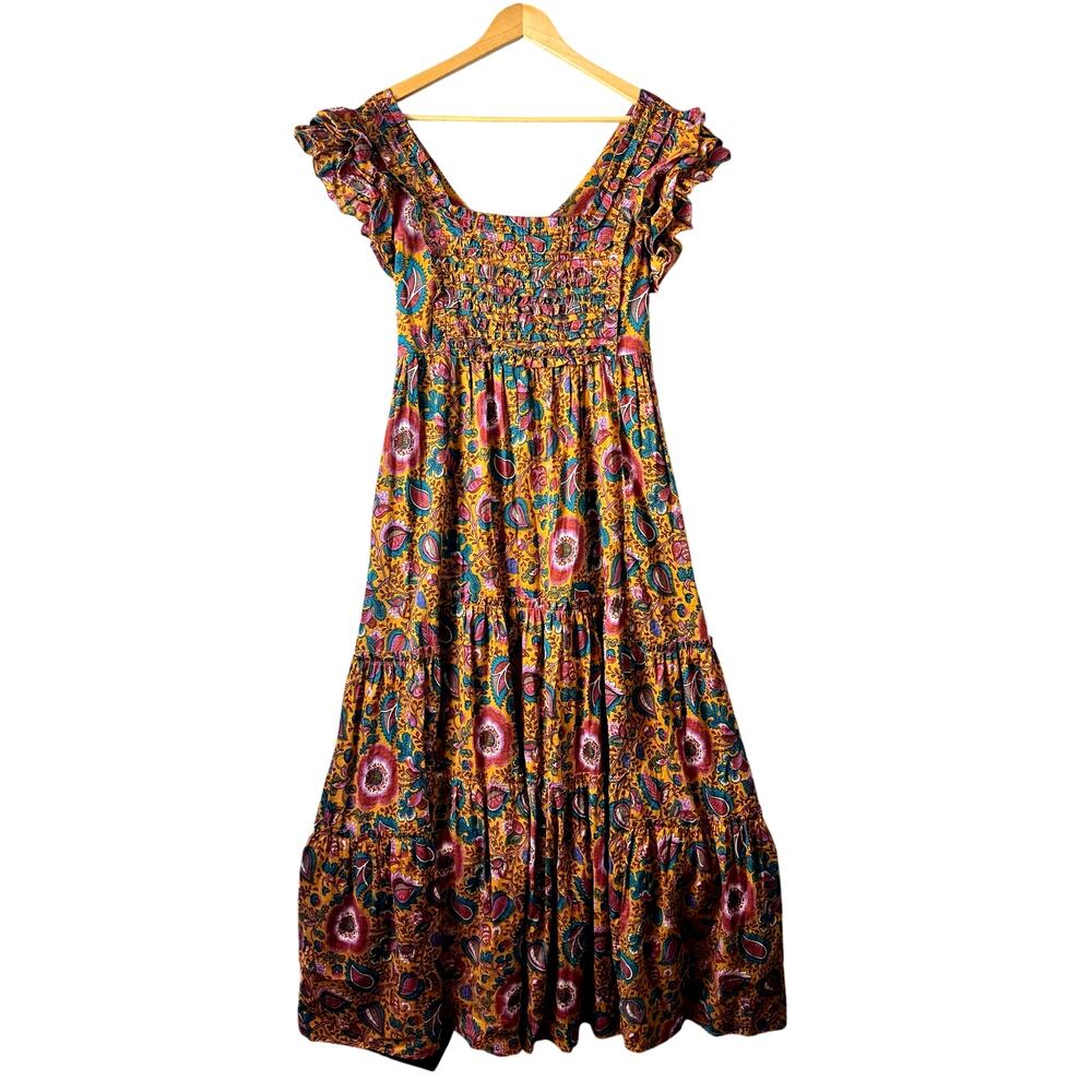 House of Harlow 1960 Jackie maxi dress Women’s smocked ruffle yellow floral Boho